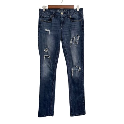 American Eagle Women's Dark Wash Distressed Embellished Skinny Jeans Size  10