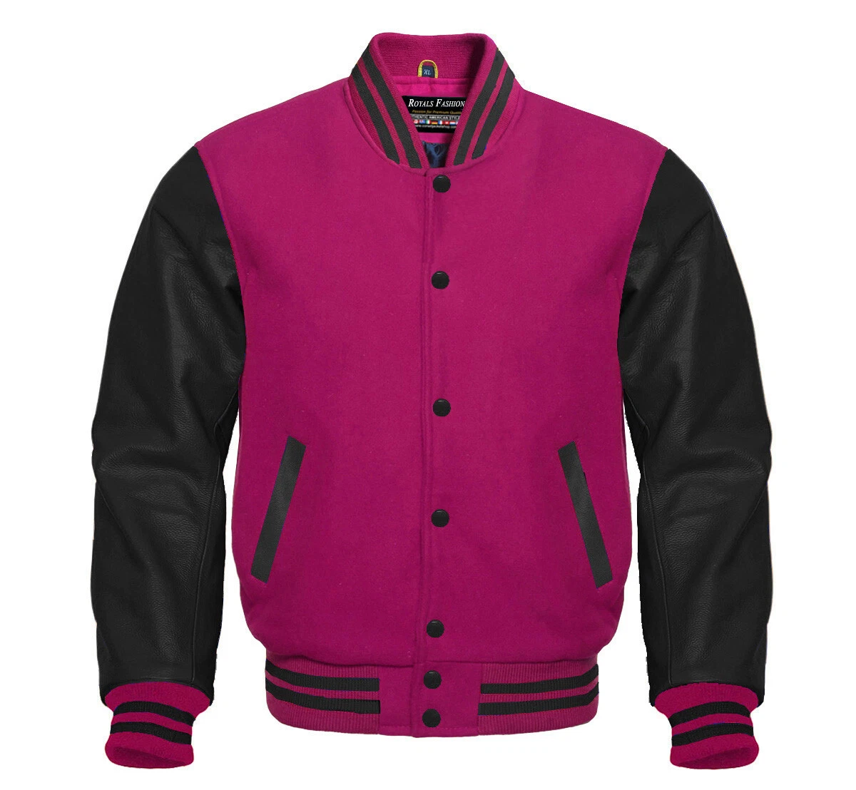 Men's Letterman Basketball Varsity Hot Pink Wool Black Leather Sleeves Jacket