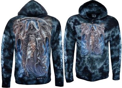 Tie Dye Hoodie Reißverschluss Sensenmann mit Drachenflügeln Sense leuchtet im Dunkeln von Wild