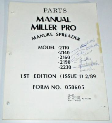 Miller Pro 2110 2140 2160 2190 2230 Manure Spreader Parts Catalog Manual  2/89 | eBay