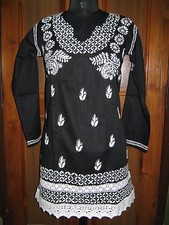 TUNIC TOP XS 36" WHITE 100 COTTON CHIKAN EMBROIDERY ETHNIC HANDMADE KURTA KURTI