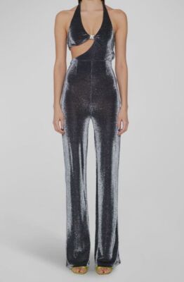 $290 Rotate Women's Black Isha Stretch Cut-Out Halter Neck Jumpsuit Size 42