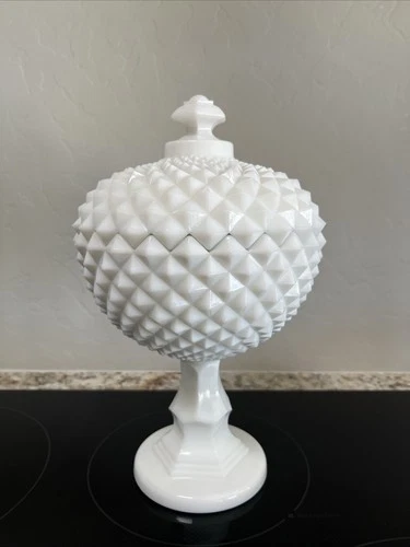 VNTG WESTMORELAND milkglass diamond point sawtooth compote candy dish w/ lid 11"
