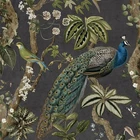 Charcoal Multi Wallpaper Roll Peacock Woods Birds Leaves Flowers Holden 13681