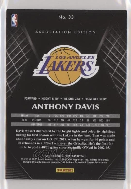 2019-20 Panini Noir Association Edition /99 Anthony Davis #33 - Image 2 of 2