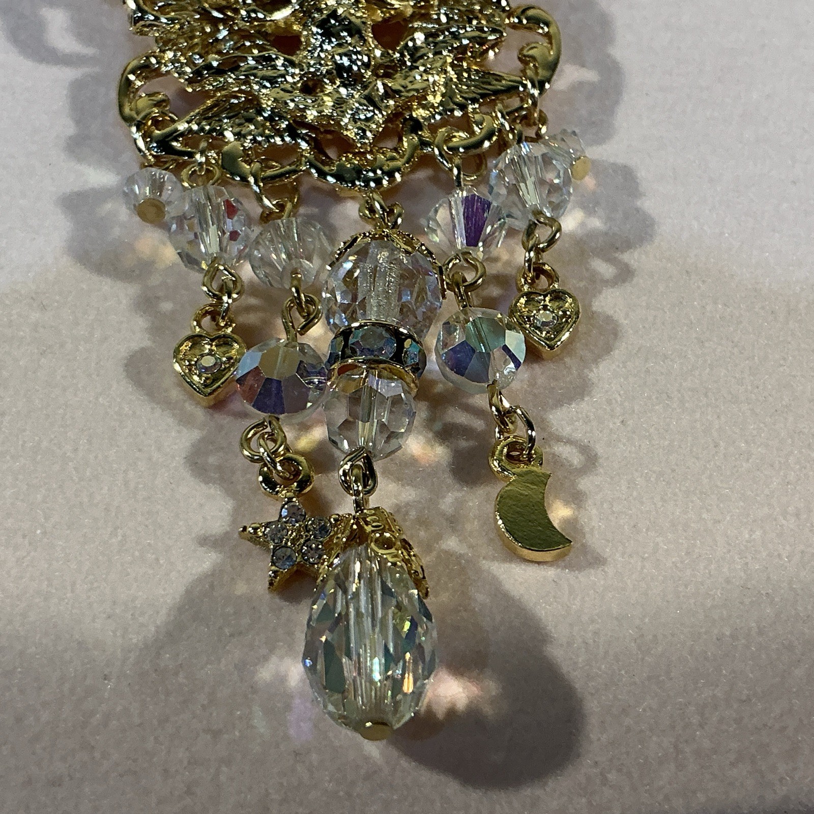 Kirks Folly QVC Medieval Gold Tone AB Crystal Heart Dangle Pin Brooch Necklace