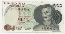 Colombia 1000 Pesos 1-4-1979 Pick 421.a aUNC Almost Uncirculated Banknote Stain