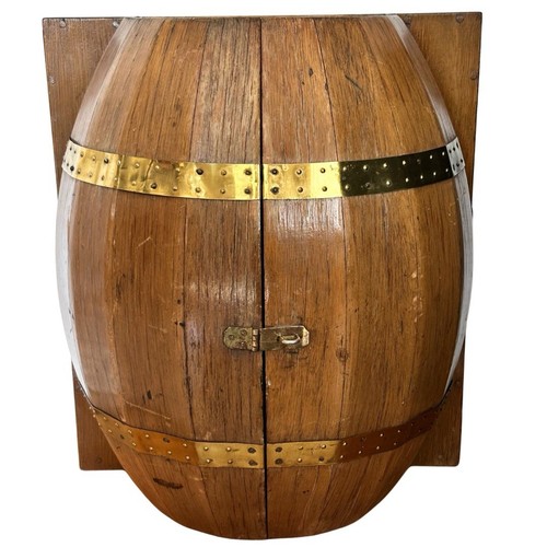 Vintage 70’s Wood Brass Whiskey Barrel Wall Hanging Bar Cabinet Man Cave