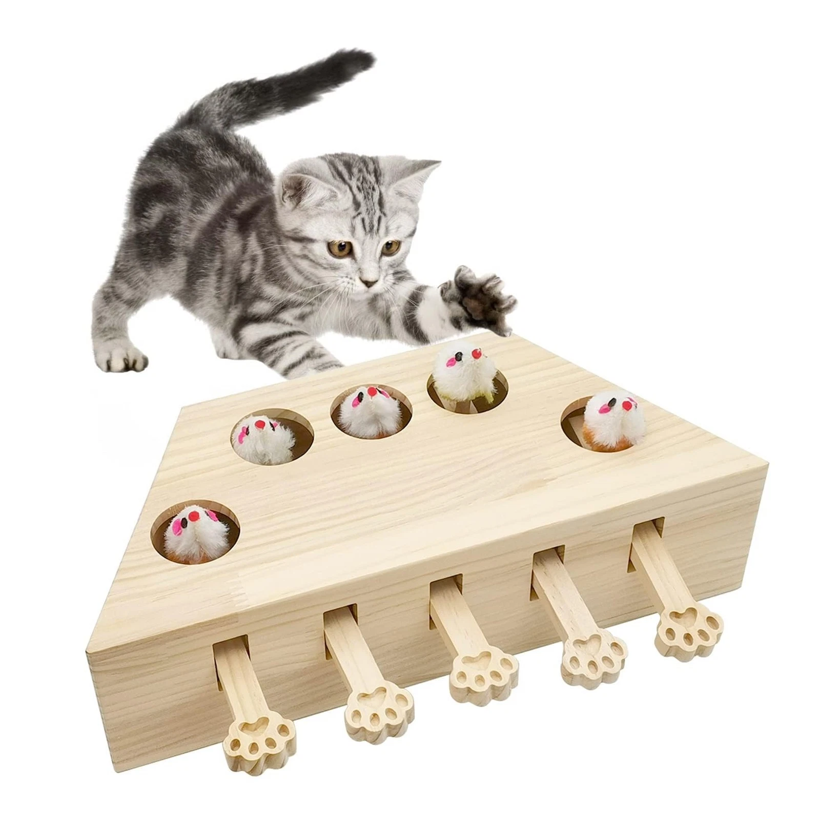 Cat Enrichment Toy Wood Whack A Mole Interactive Box Catch Mice Game Puzzle