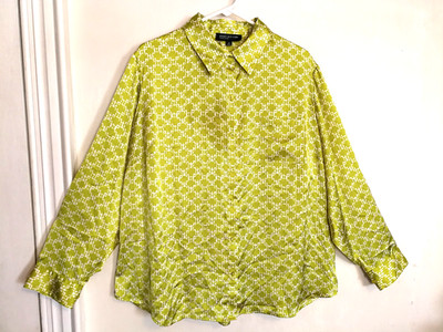 Jones New York Signature Womens Blouse 2X Plus Green White Button Up Long Sleeve