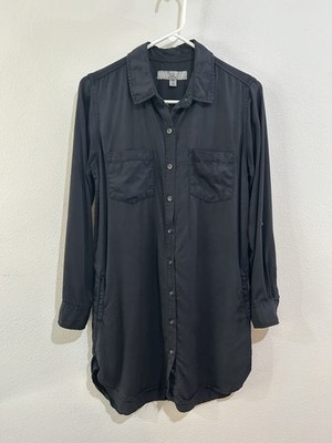 Thread And Supply Sz S Black Shirt Dress Roll Tab Sleeves Chambray Pockets Cute!