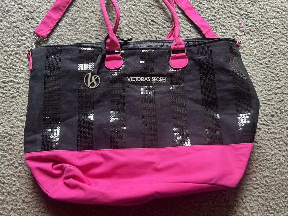 "Bolso de Mano Victoria's Secret Weekender Grande Negro Rosa con Lentejuelas Bling 23"" de Largo" Foto 2 de 4
