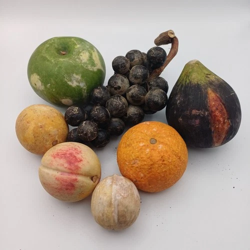 Antique Carved Stone Alabaster Italian Fruit Ornaments Fig Apple Grapes Walnut