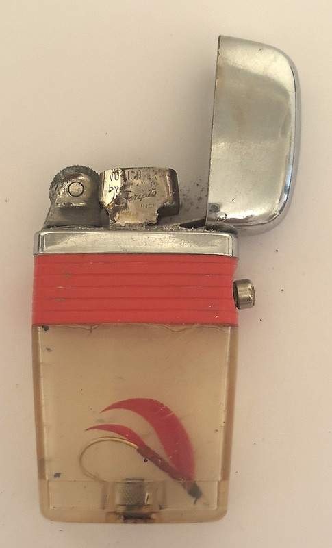 Scripto VU-Lighter Vintage Cigarette Lighter, 1960's Fly Fishing Lure, Red Band