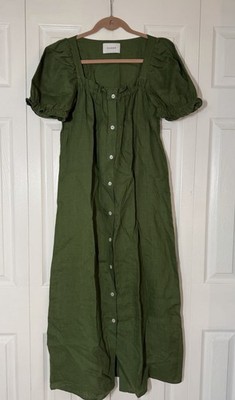 green linen puff sleeve dress Linen Puffy Sleeve Dress in Green Pear – Linen Swan main image 1