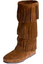 MINNETONKA Moccasins 3-Layer FRINGE Suede Leather VTG Tall Boots Womens Size-6
