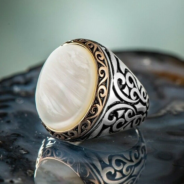 Plain Mother Of Pearl Silver Rings For Men