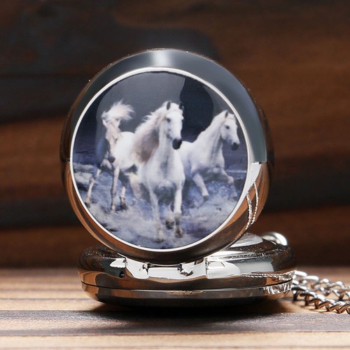 New Fashion Silver White Horse Pattern Mini Quartz Pocket Watch Necklace Chain - Picture 2 of 8