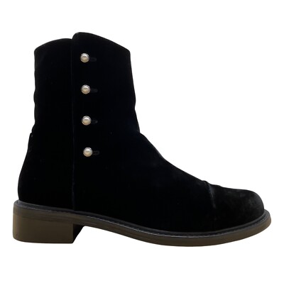 Stuart Weitzman Black Velvet Mid-Calf Boots Pearl Button Accents & Zipper Sz 11M