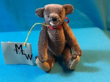 MINIATURE GREY/BROWN 3" TEDDY BEAR, FULLY JOINTED, OPEN MOUTH - BY MLW