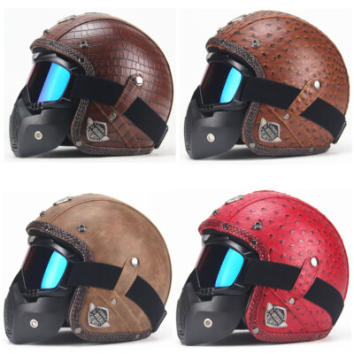 DOT Motorcycle Helmet Open Face Scooter Leather Helmet w/Face Mask Moto Casco