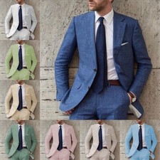 Men Summer Linen Suit 2 Piece Beach Grooms Bestmen Wedding Blazer Pants 42r 44r