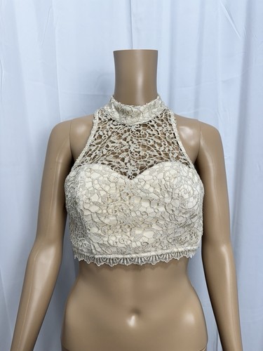 Sequins Hearts Lace Crop Top Champagne Open Back Zip Halter Top 90s Y2K Sz 3 - Picture 3 of 14
