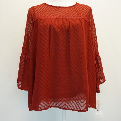 John Paul Richard Womens Top Semi Sheer Bell Sleeve Peasant Blouse Top Red S $50