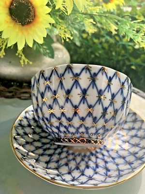 Lomonosov Porzellan kobaltnetz Tee Tasse mit Untertasse.Hand decorated. - Bild 1 von 4