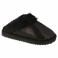 NEW NWT Girls BONGO Sequin Faux Fur Black Scuffs Slippers SZ11-12
