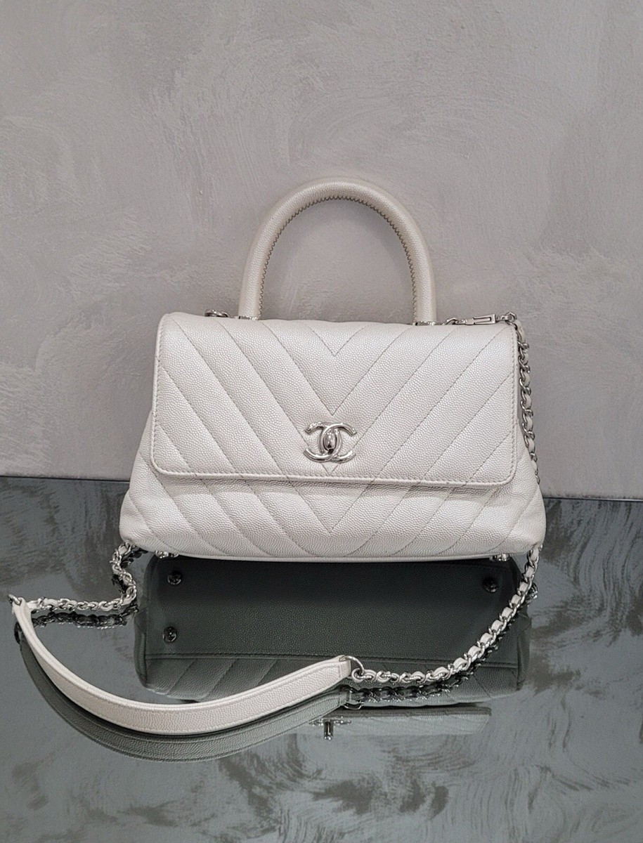 Chanel Small 24cm Coco Handle in Chevron Quilted Pearly White