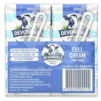 Buy 2 X Devondale Full Cream Pure Milk Uht 6 Pack 200Ml Box Gluten Free Dairy Drink