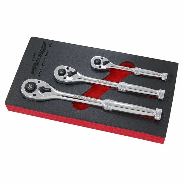3pc Socket Ratchet Handle Set 1/4"" 3/8"" 1/2"" 90T Set In EVA Foam