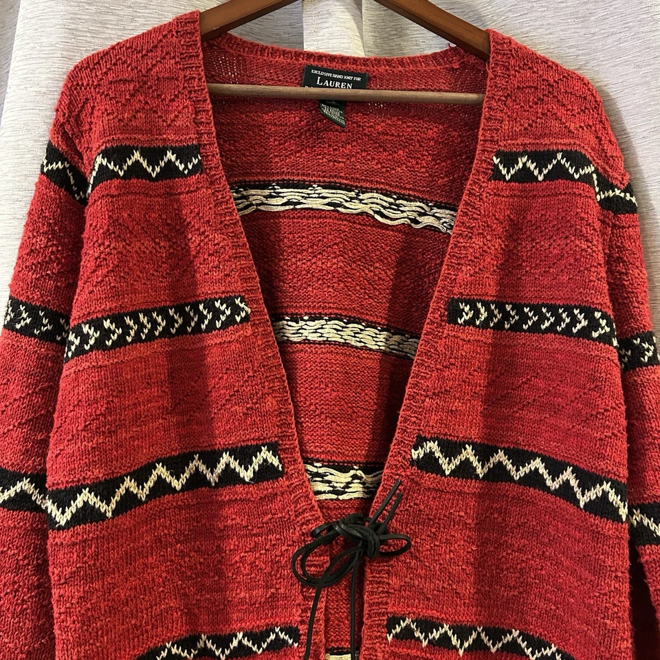 Cárdigan Lauren Ralph Lauren Tejido a Mano Suroeste Pequeño Rojo Corbata Lino Azteca Foto 3 de 4