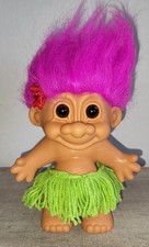 Vtg Hawaiian Hula Dancer Girl 8" Troll Doll Green Skirt Neon Pink Hair EUC