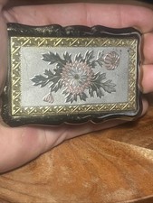 Western Floral Belt Buckle Coastal Cowgirl Flowers Inlay Vtg 80s W Rodeo Gold