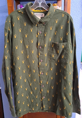 DULUTH Untucked Green Men's XL Relaxed Fit Flannel Shirt Yellow Deer Print Thick