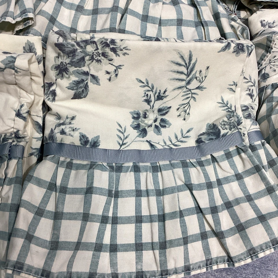 Waverly Full Flat Sheet & 4 Pillowcase Blue Floral w/ Check Ruffle & Ribbon Trim - Image 2 of 4
