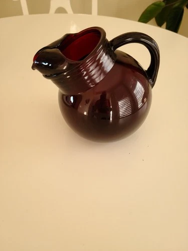 Vintage Anchor Hocking Glass Pitcher Royal Ruby Red Tilt Ball Ribbed 6 1/2" Tall