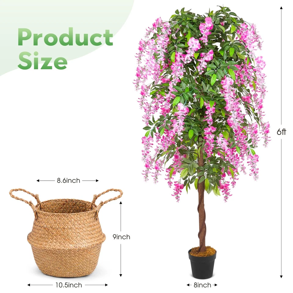 Plantas de árbol artificiales de 6 pies, árbol de glicinia falso con cesta tejida de pastos marinos para... Foto 2 de 4