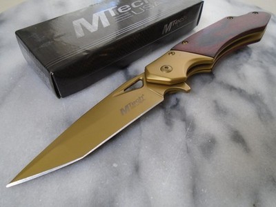 Mtech Assisted Open Golden Tanto Pocket Knife Linerlock Folder Wood MT-A2019GD