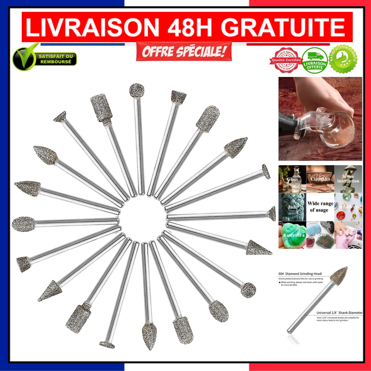 Fraises diamant 3mm pour mini meuleuse rotative Dremel et sculpture sur verre