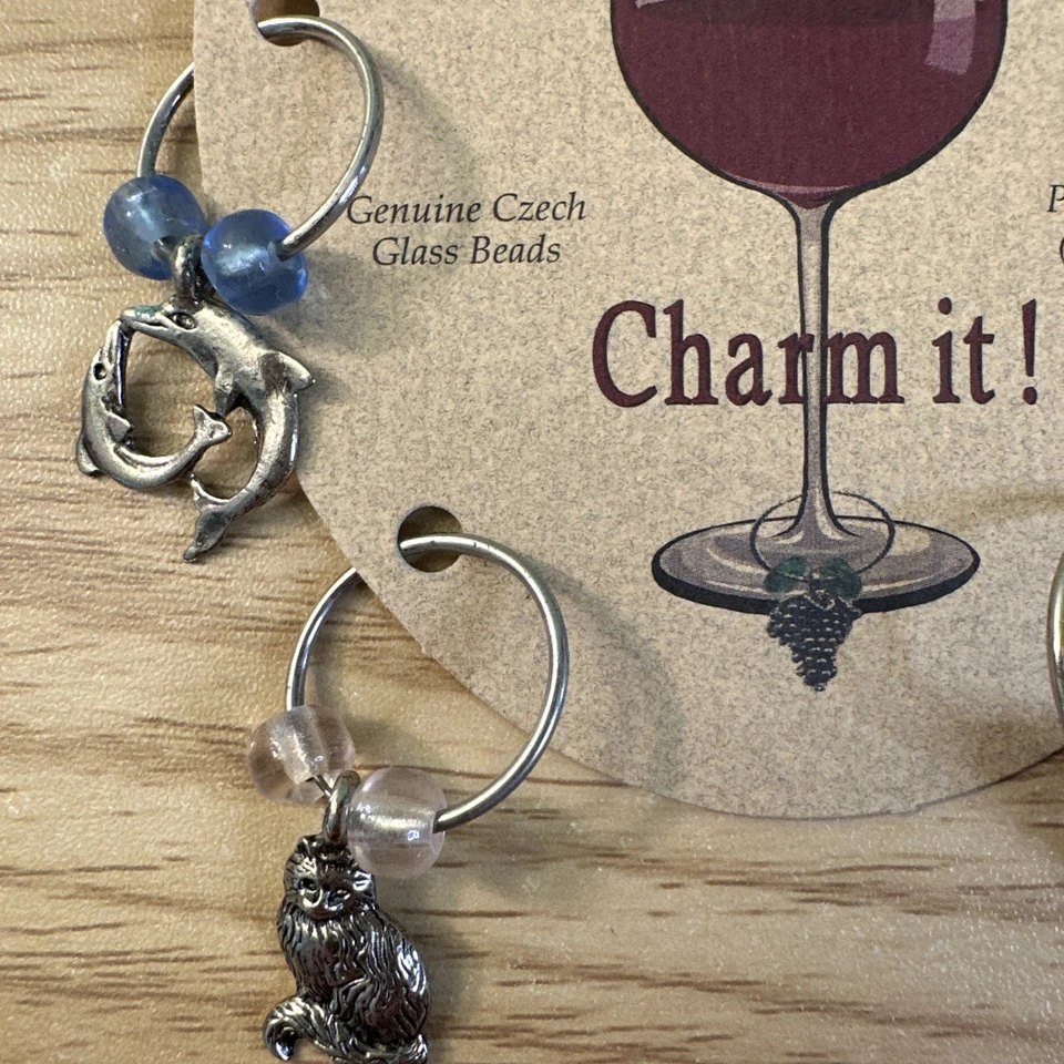 锡与捷克玻璃珠葡萄酒玻璃饰品 4 件套海豚大象猫青蛙 — 第 2/4 张图片