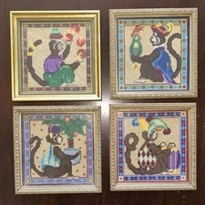 (4)  Needlepoint  Monkey Wall Art Framed Jester Juggler Parrot Palm Tree