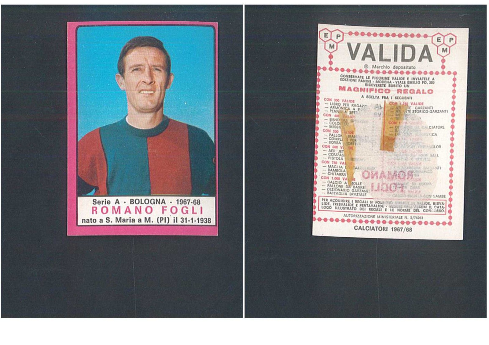 Figurina Calciatori Panini 1967-68 Romano Fogli (Bologna) Ottima Rec. ▓