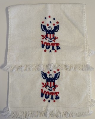 Set Of 2 Royal Terry 1970 s  VOTE  Hand Towels - Red White Blue Eagle And Shield