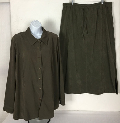White Stag Skirt Blouse 2 Piece Set Size 18W 20W Olive Green Elastic Waist Skirt