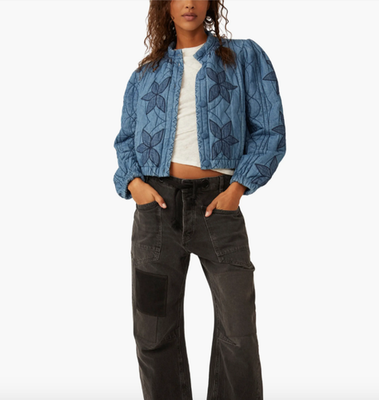 NEW, Free people Quinn Quilted Cotton Denim Jacket Indigo Combo