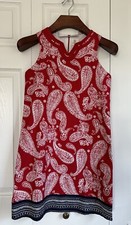 EUC Lands' End Girls 14 "Dressy" Woven Dress Sleeveless Red White Blue Paisley