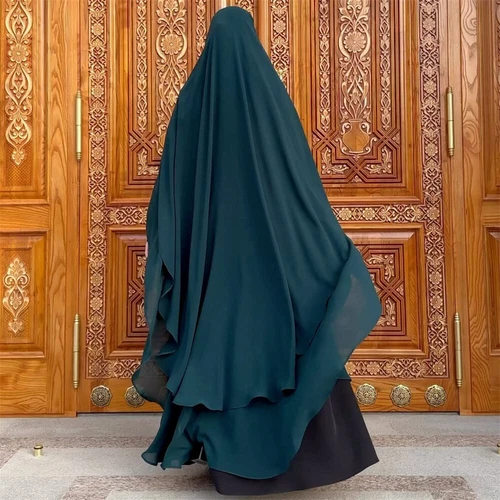 Two Layers Muslim Ramadan Women Large Khimar Hijab Niqab Burqa Tops Kaftan Dress